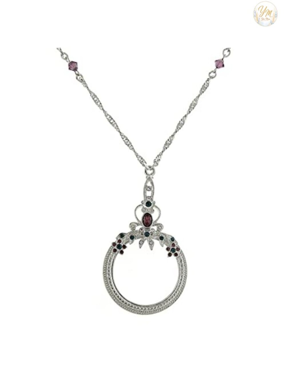 Floral Crystal Magnifying Glass Necklace 2X Reading Aid 30"